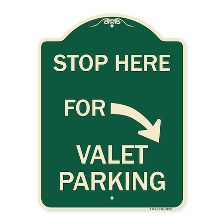 Signmission Stop Here for Valet Parking Right Arrow Heavy-Gauge Aluminum Sign, 24" x 18", G-1824-22853 A-DES-G-1824-22853